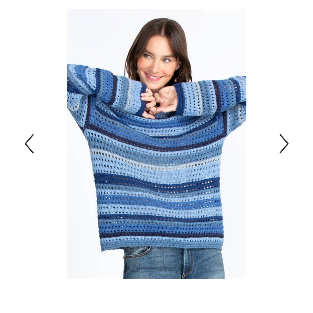 Johnny Was Crochet Blue Coastal Striped Sweater Beach Coastal Grandma